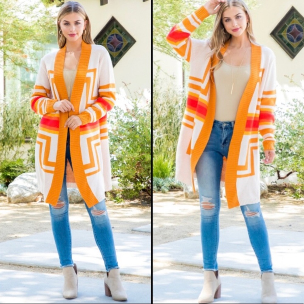 Cardigan open tribal pattern in cream, orange, gold | Size S —#040 - Picture 5 of 12